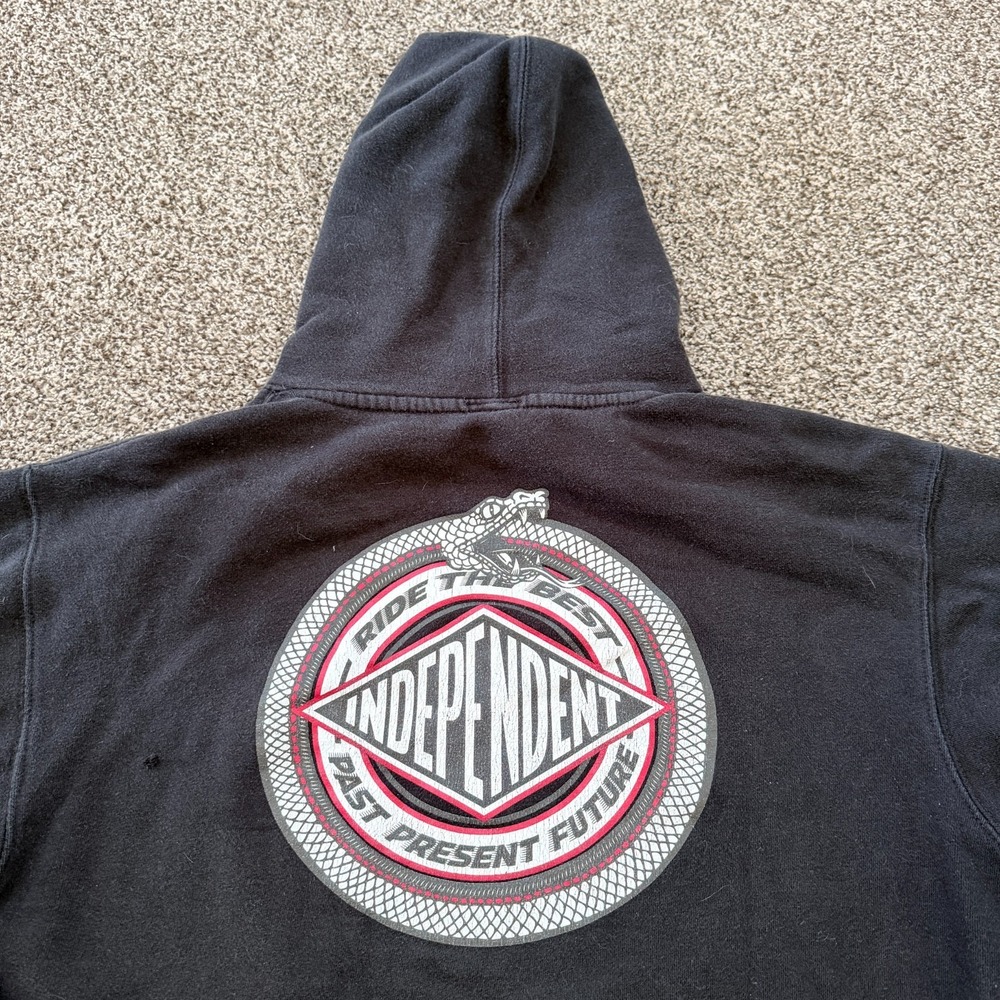 Vintage 90s Y2K Independent Truck Co Black Skate Hoodie Size Large Snake Logo